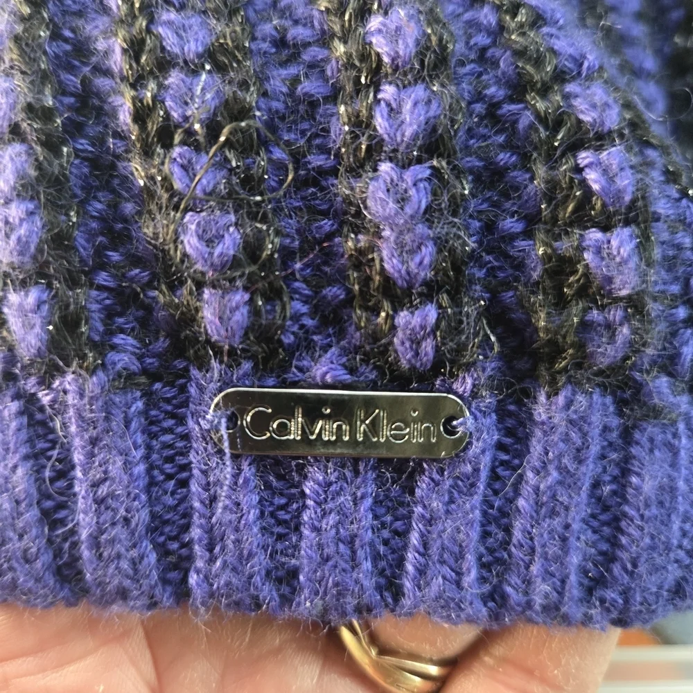 Calvin Klein Black and Purple Knit Hat